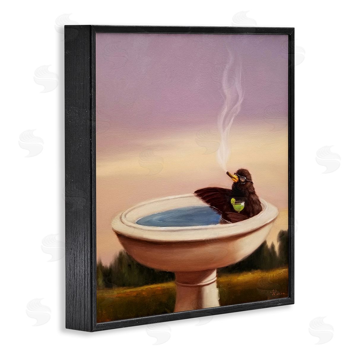 Birdbath with Cocktail Humor Black Frame Print Wall Art, Home Decor by Lucia Heffernan