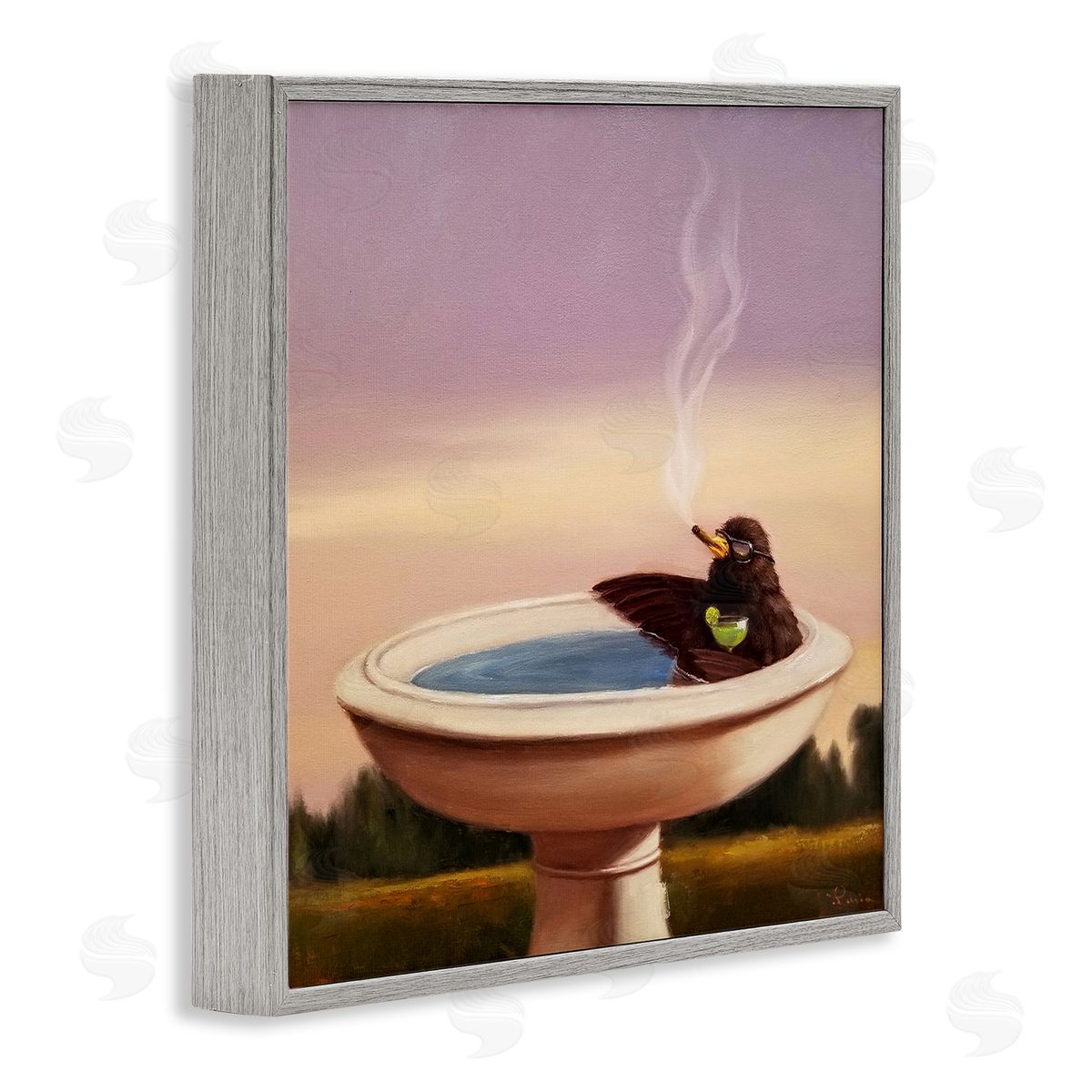 Birdbath with Cocktail Humor Grey Frame Print Wall Art, Home Decor by Lucia Heffernan