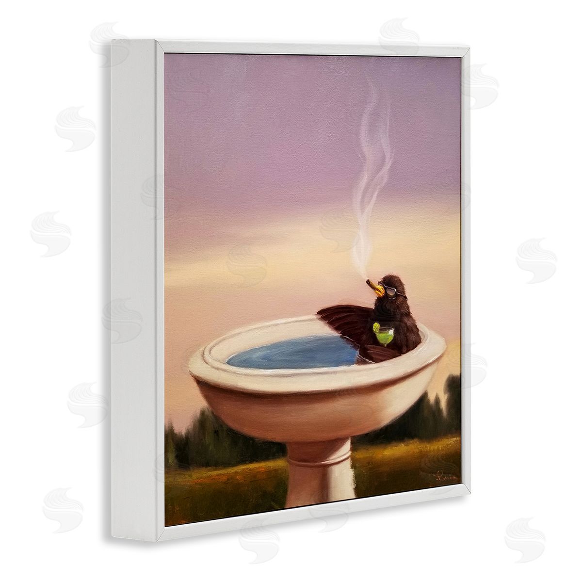 Birdbath with Cocktail Humor White Frame Print Wall Art, Home Decor by Lucia Heffernan