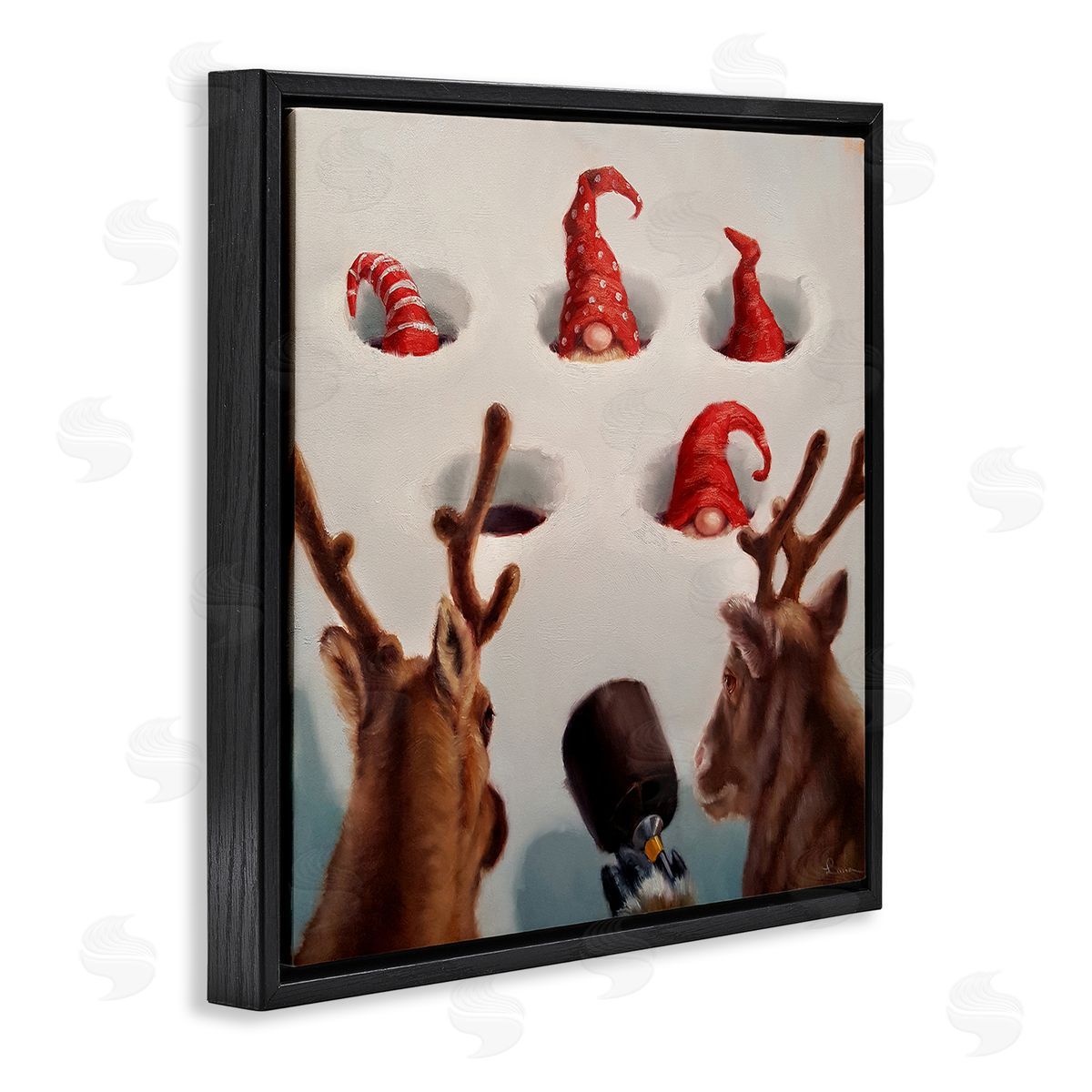 Holiday Whack an Elf Humor Black Floating Frame Canvas Wall Art, Home Decor by Lucia Heffernan