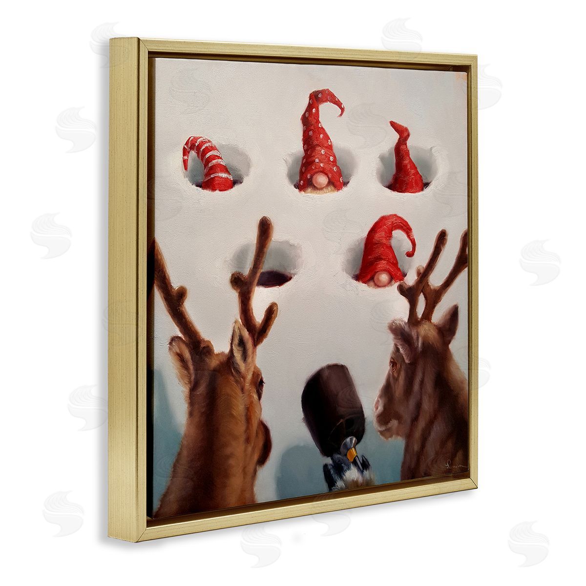 Holiday Whack an Elf Humor Gold Floating Frame Canvas Wall Art, Home Decor by Lucia Heffernan