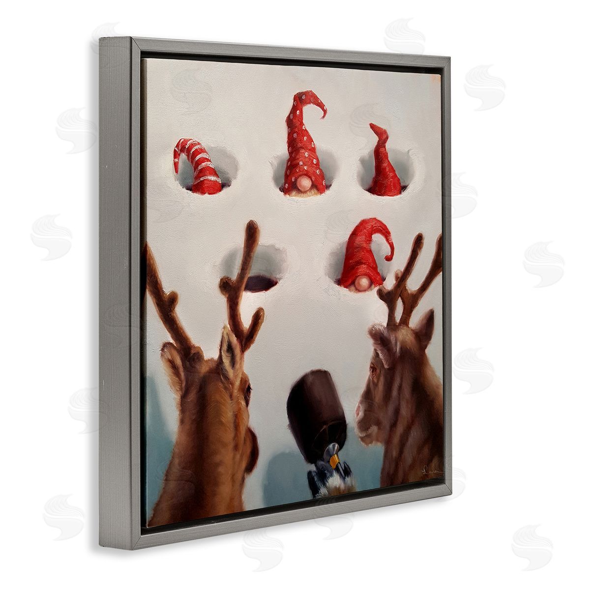 Holiday Whack an Elf Humor Grey Floating Frame Canvas Wall Art, Home Decor by Lucia Heffernan