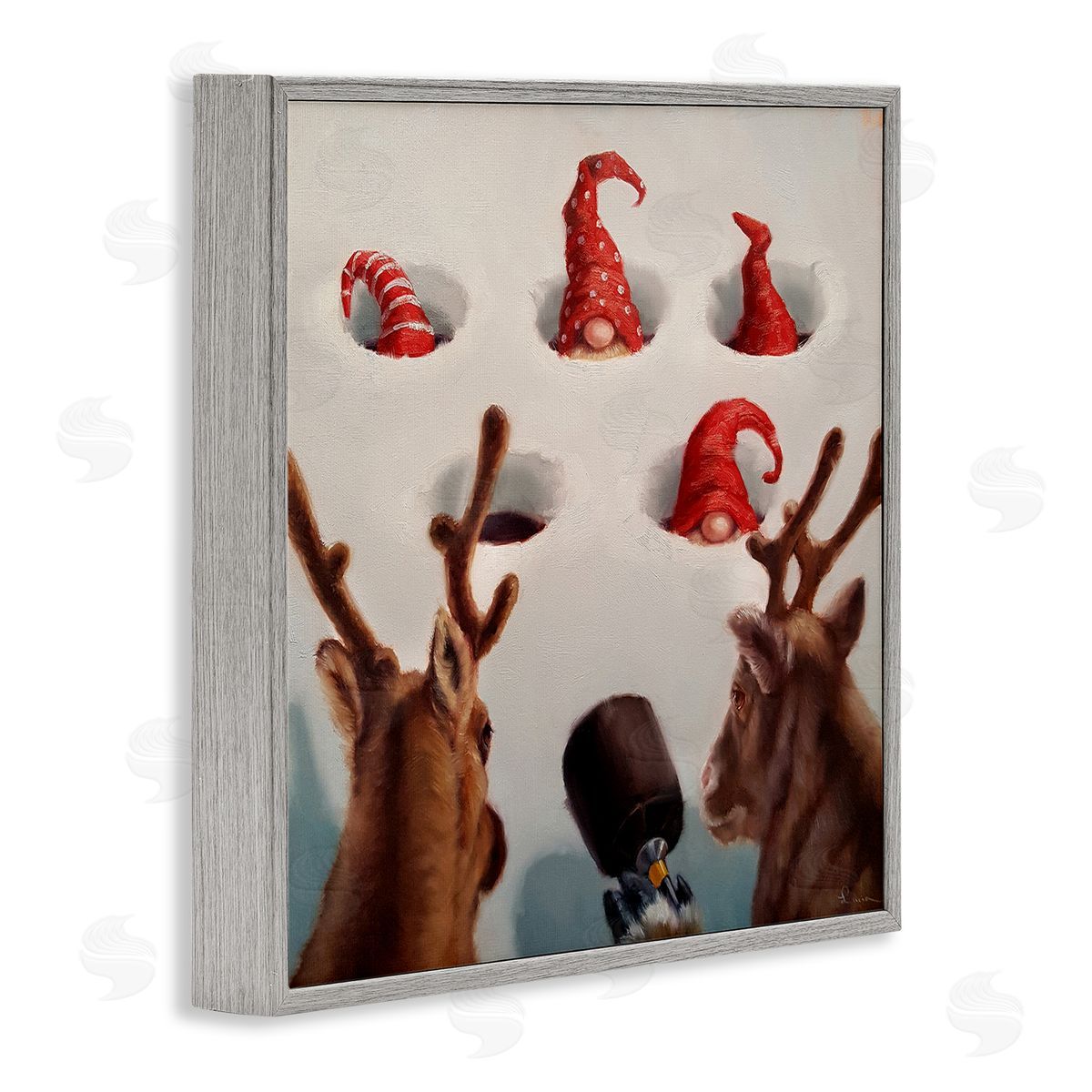 Holiday Whack an Elf Humor Grey Frame Print Wall Art, Home Decor by Lucia Heffernan