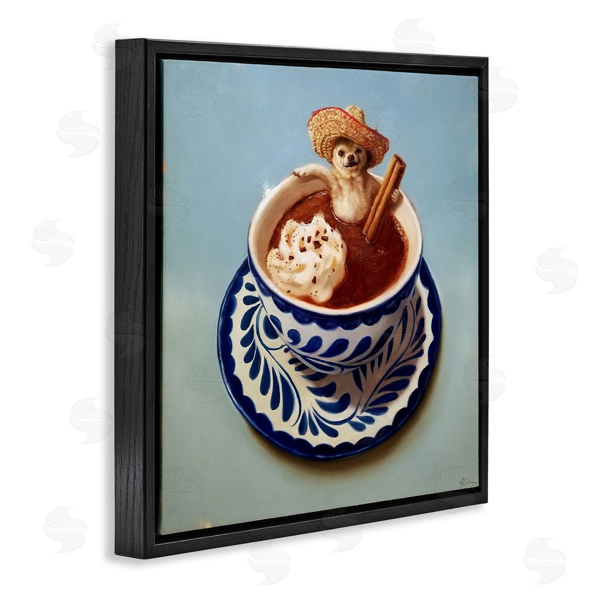 Chihuahua Hot Chocolate Humor Black Floating Frame Canvas Wall Art, Home Decor by Lucia Heffernan