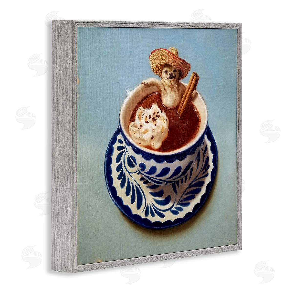 Chihuahua Hot Chocolate Humor Grey Frame Print Wall Art, Home Decor by Lucia Heffernan