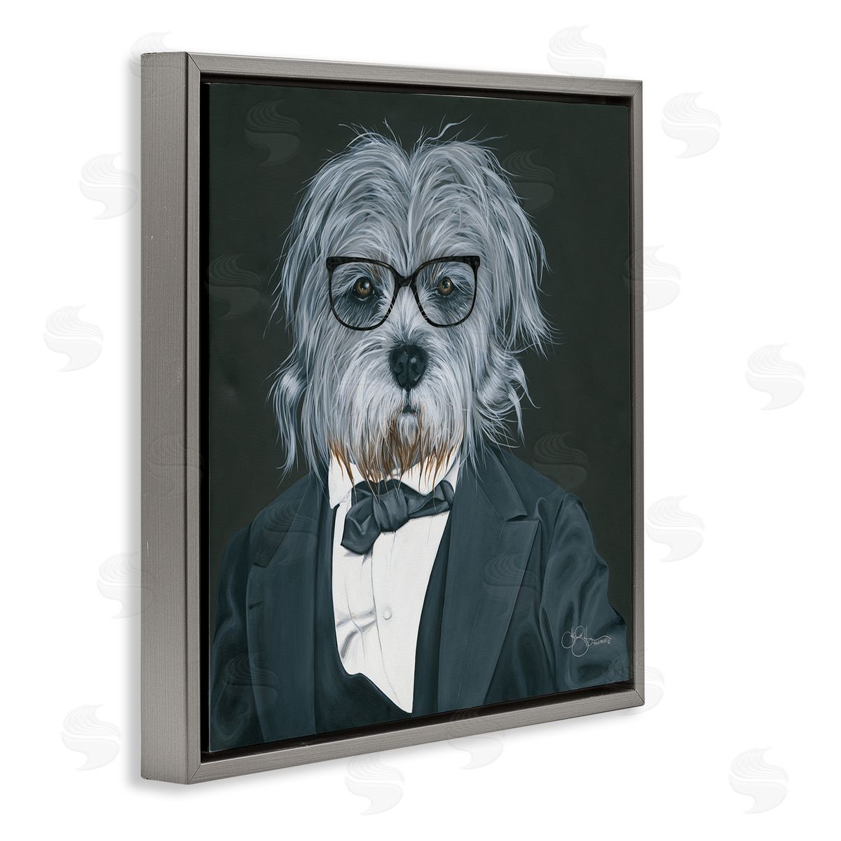 Shaggy Dog in Classy Suit Grey Floating Frame Canvas Wall Art, Home Decor by Hollihocks Art