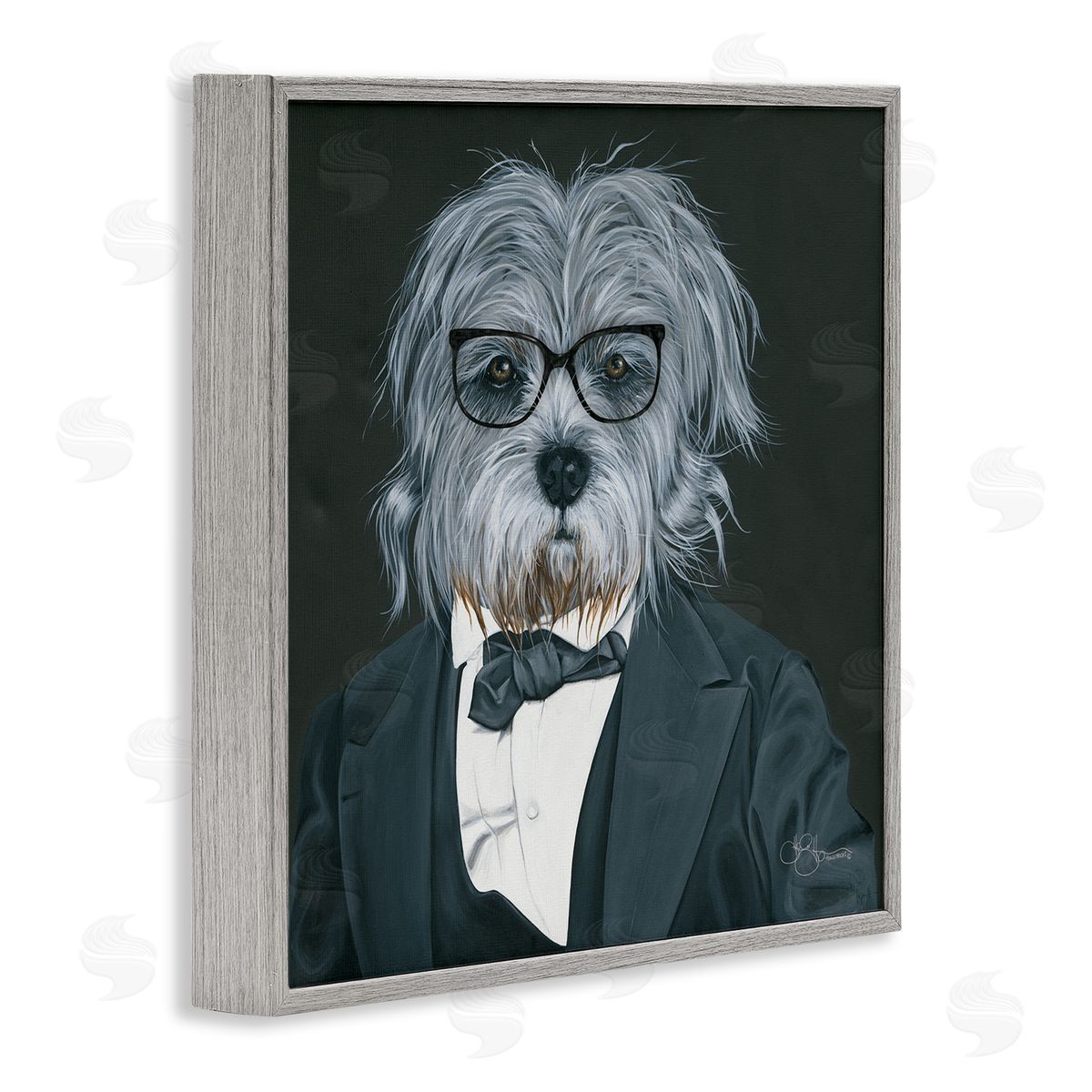 Shaggy Dog in Classy Suit Grey Frame Print Wall Art, Home Decor by Hollihocks Art