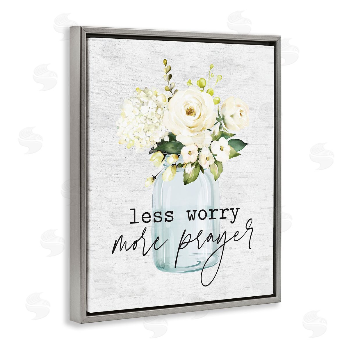 Less Worry More Prayer Florals Grey Floating Frame Canvas Wall Art, Home Decor by Lettered and Lined
