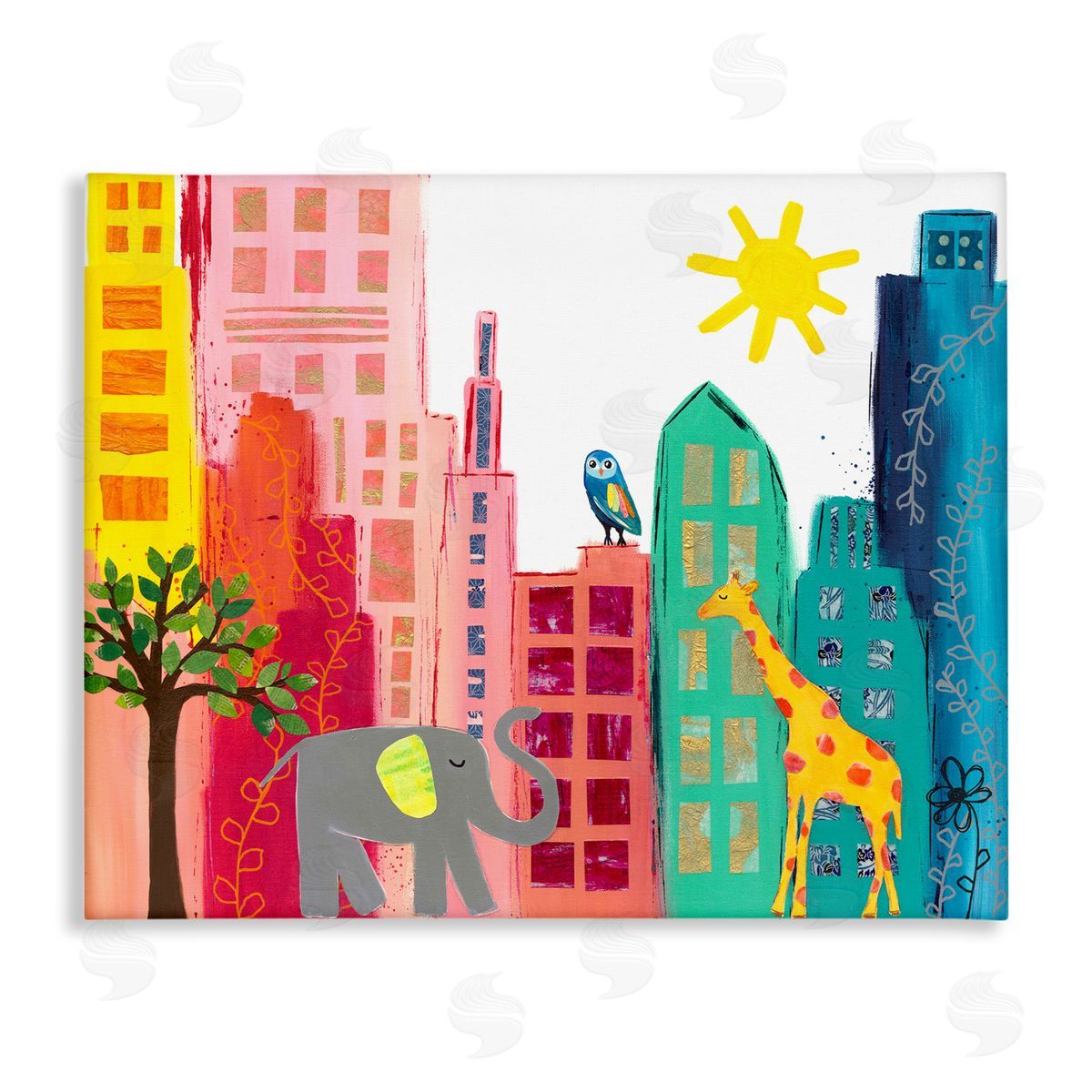 Colorful Safari Animal City Scene Canvas Wall Art, Home Decor by Jennifer McCully