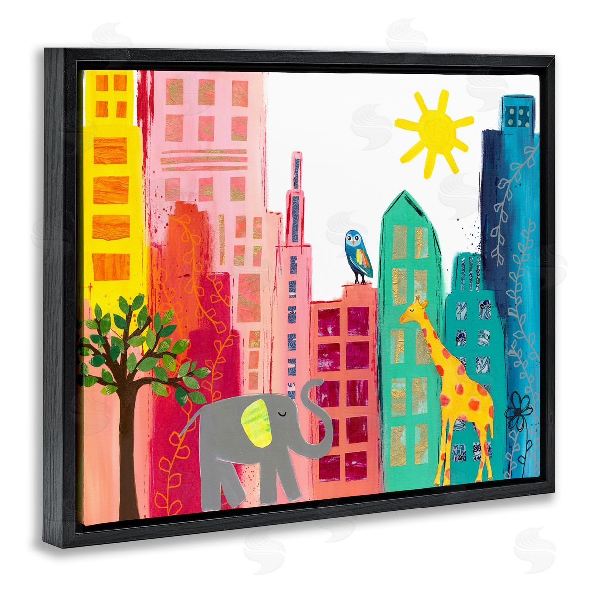 Colorful Safari Animal City Scene Black Floating Frame Canvas Wall Art, Home Decor by Jennifer McCully
