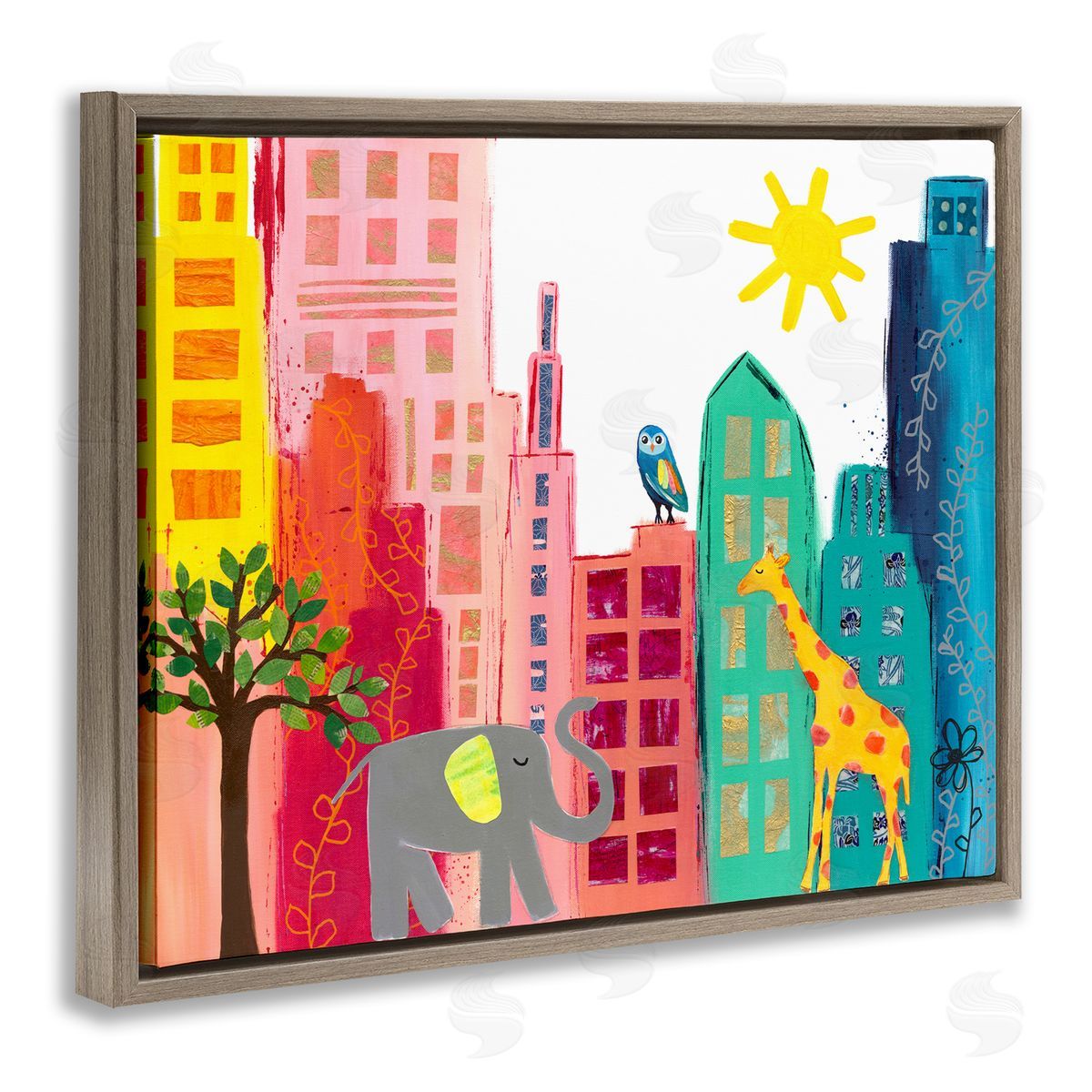 Colorful Safari Animal City Scene Brown Floating Frame Canvas Wall Art, Home Decor by Jennifer McCully
