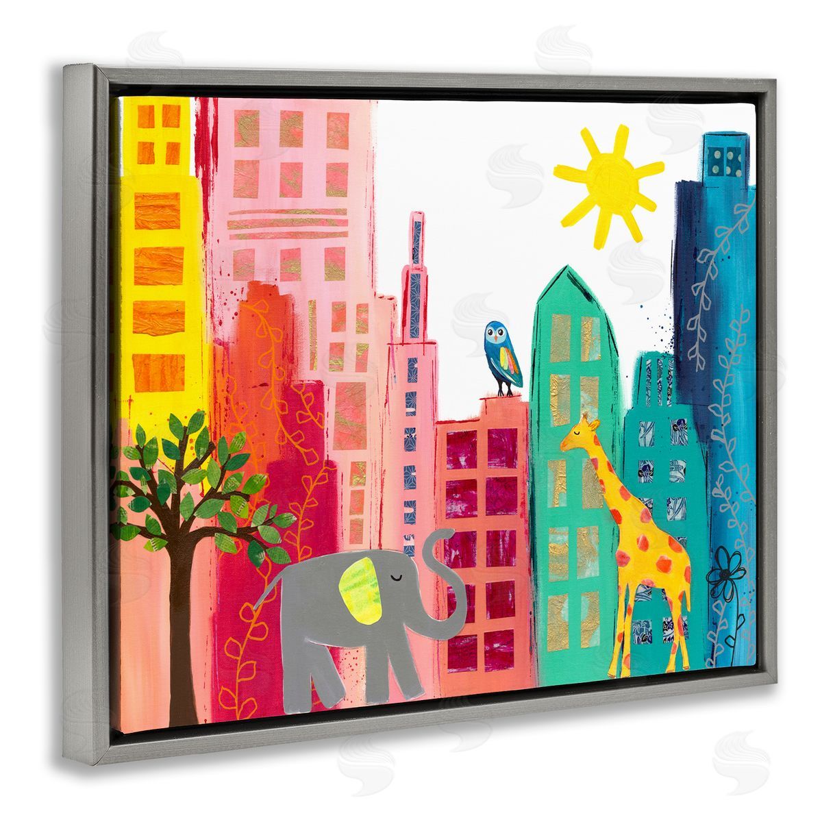 Colorful Safari Animal City Scene Grey Floating Frame Canvas Wall Art, Home Decor by Jennifer McCully