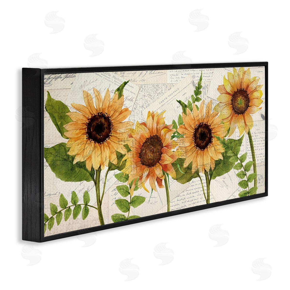 Sunflowers and Vintage Postcards Black Frame Print Wall Art, Home Decor by Kim Allen