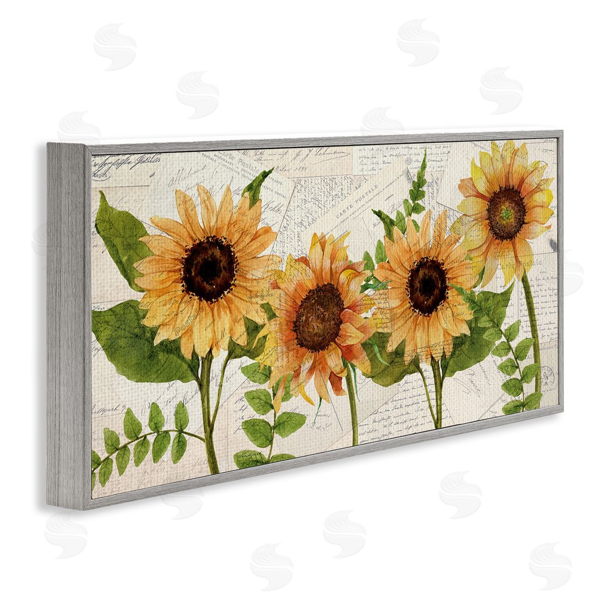 Sunflowers and Vintage Postcards Grey Frame Print Wall Art, Home Decor by Kim Allen