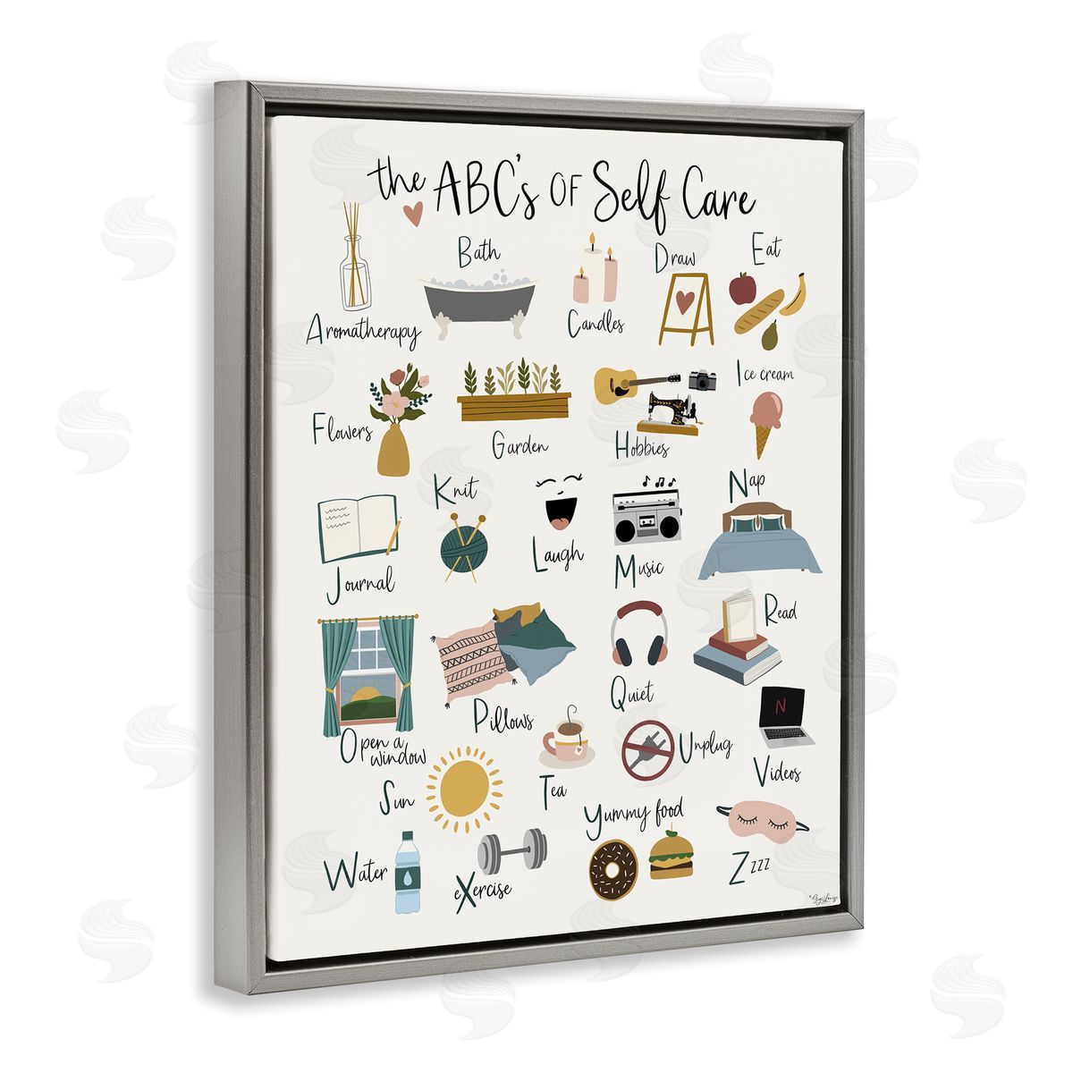 ABC's of Self Care Grey Floating Frame Canvas Wall Art, Home Decor by Gigi Louise
