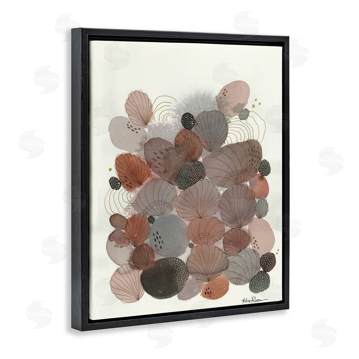 Warm Abstract Stones and Shells Black Floating Frame Canvas Wall Art, Home Decor by Kim Rupe