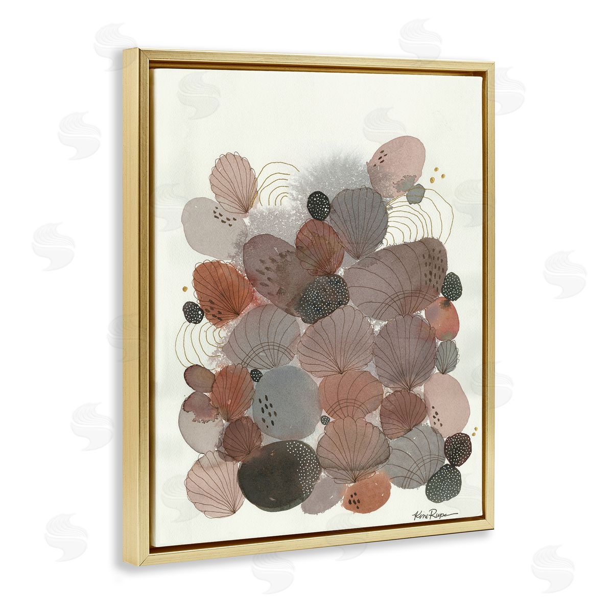 Warm Abstract Stones and Shells Gold Floating Frame Canvas Wall Art, Home Decor by Kim Rupe