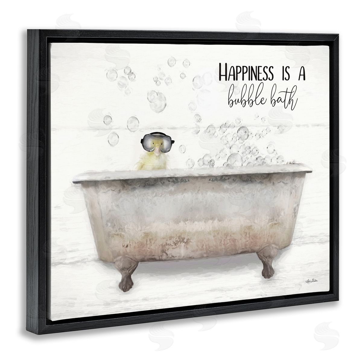 Happiness is a Bubble Bath Duckling Black Floating Frame Canvas Wall Art, Home Decor by Lori Deiter