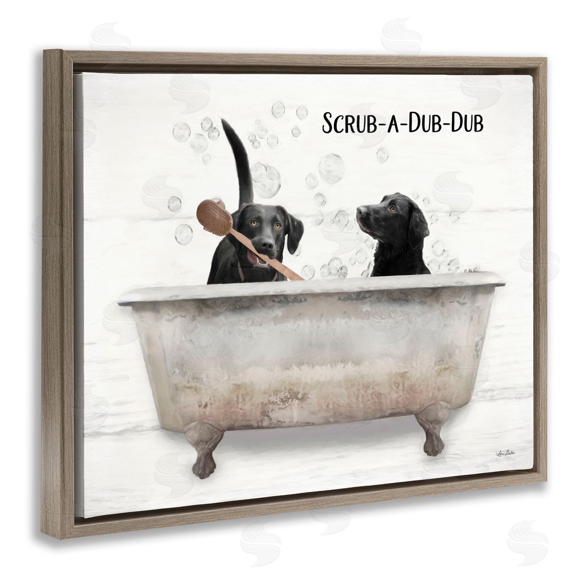 Scrub-A-Dub-Dub Dog Bath Brown Floating Frame Canvas Wall Art, Home Decor by Lori Deiter