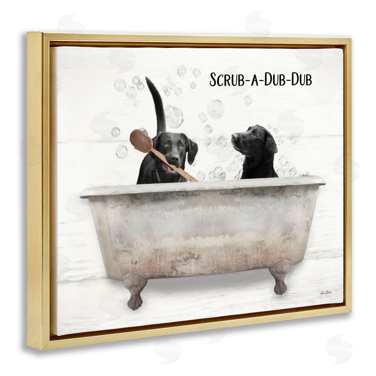 Scrub-A-Dub-Dub Dog Bath Gold Floating Frame Canvas Wall Art, Home Decor by Lori Deiter