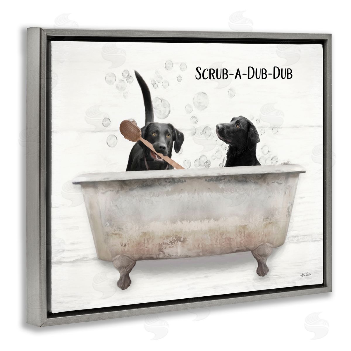 Scrub-A-Dub-Dub Dog Bath Grey Floating Frame Canvas Wall Art, Home Decor by Lori Deiter