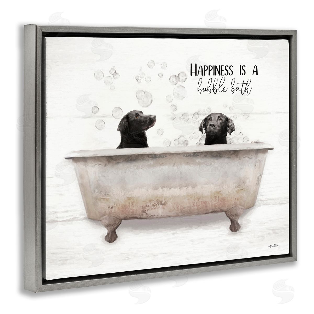 Happiness is a Bubble Bath Dogs Grey Floating Frame Canvas Wall Art, Home Decor by Lori Deiter