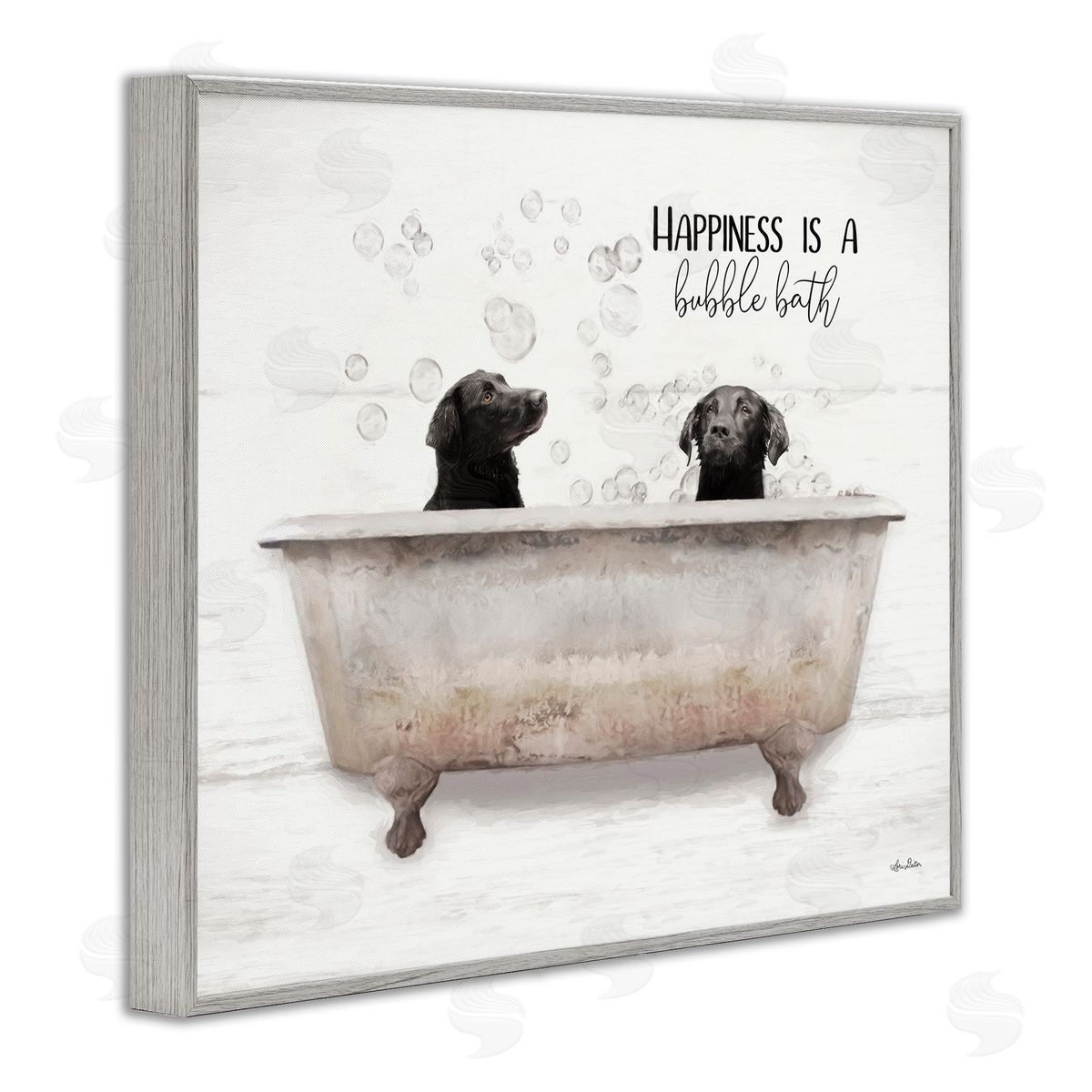 Happiness is a Bubble Bath Dogs Grey Frame Print Wall Art, Home Decor by Lori Deiter