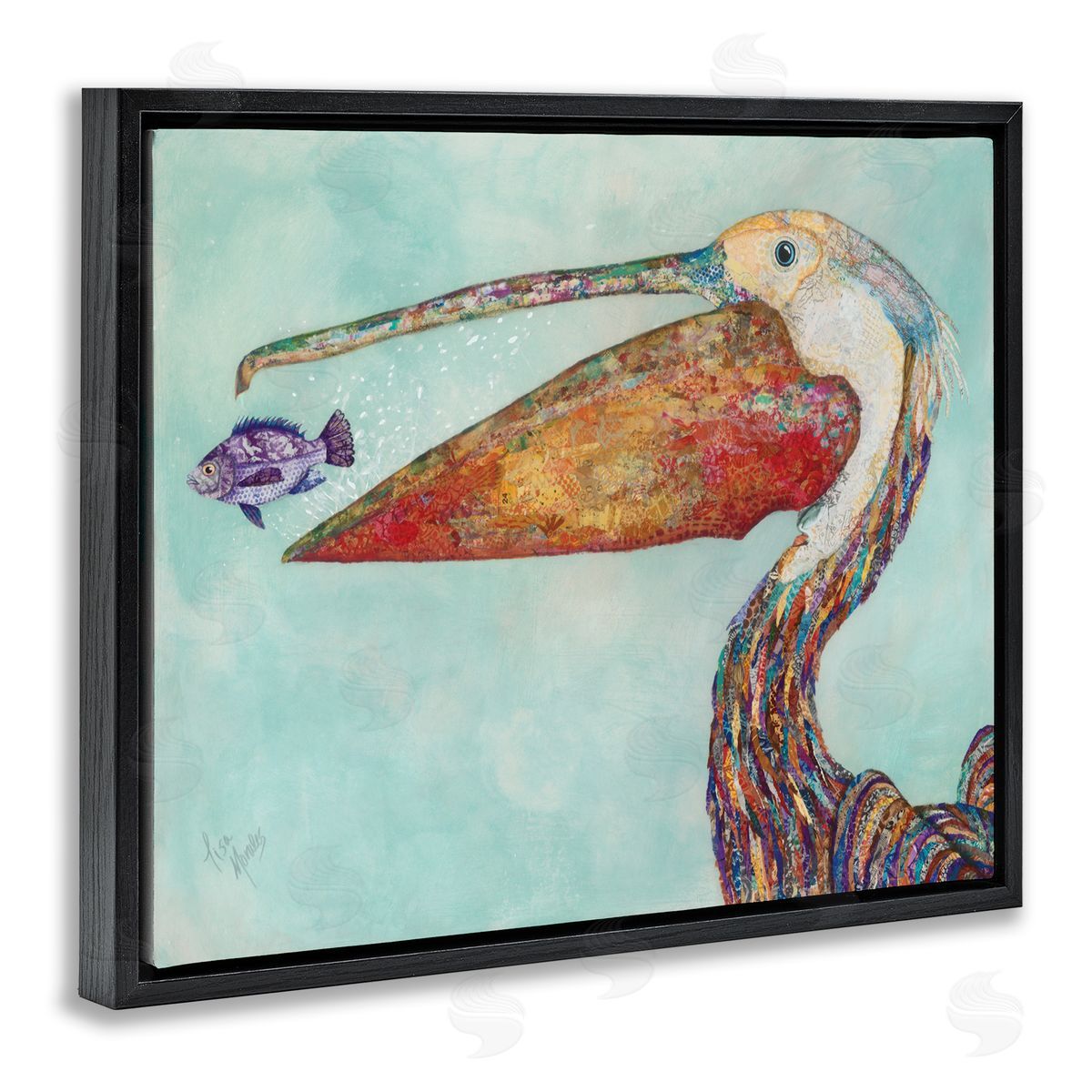 Pelican with Purple Fish Black Floating Frame Canvas Wall Art, Home Decor by Lisa Morales