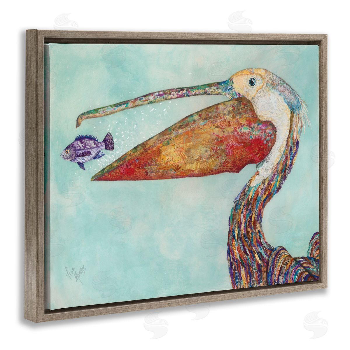 Pelican with Purple Fish Brown Floating Frame Canvas Wall Art, Home Decor by Lisa Morales