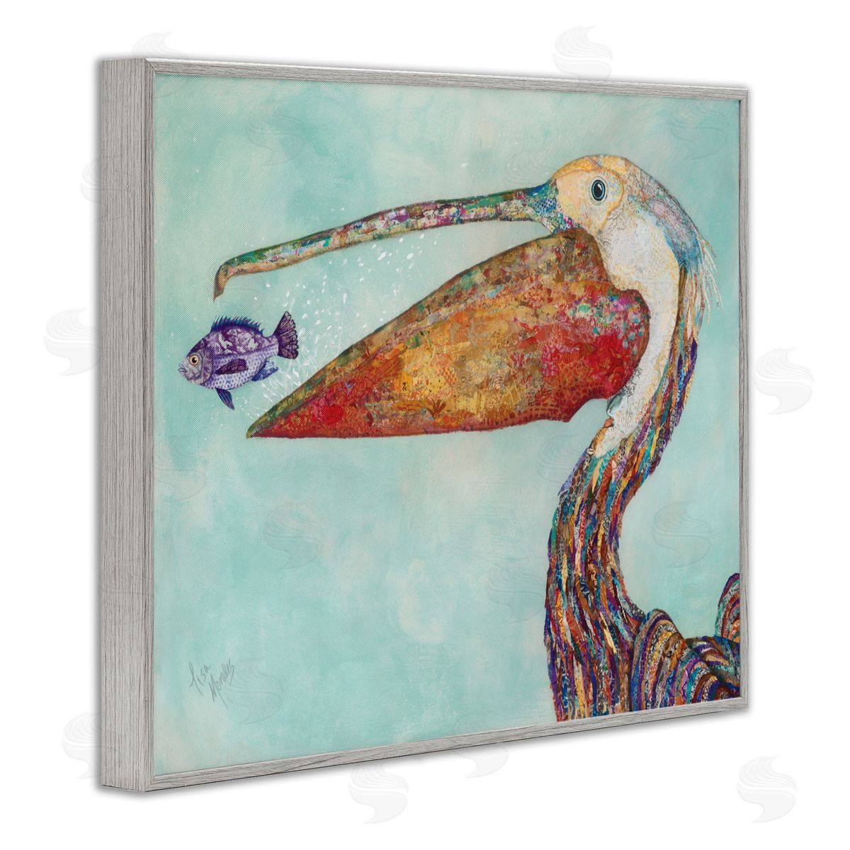 Pelican with Purple Fish Grey Frame Print Wall Art, Home Decor by Lisa Morales