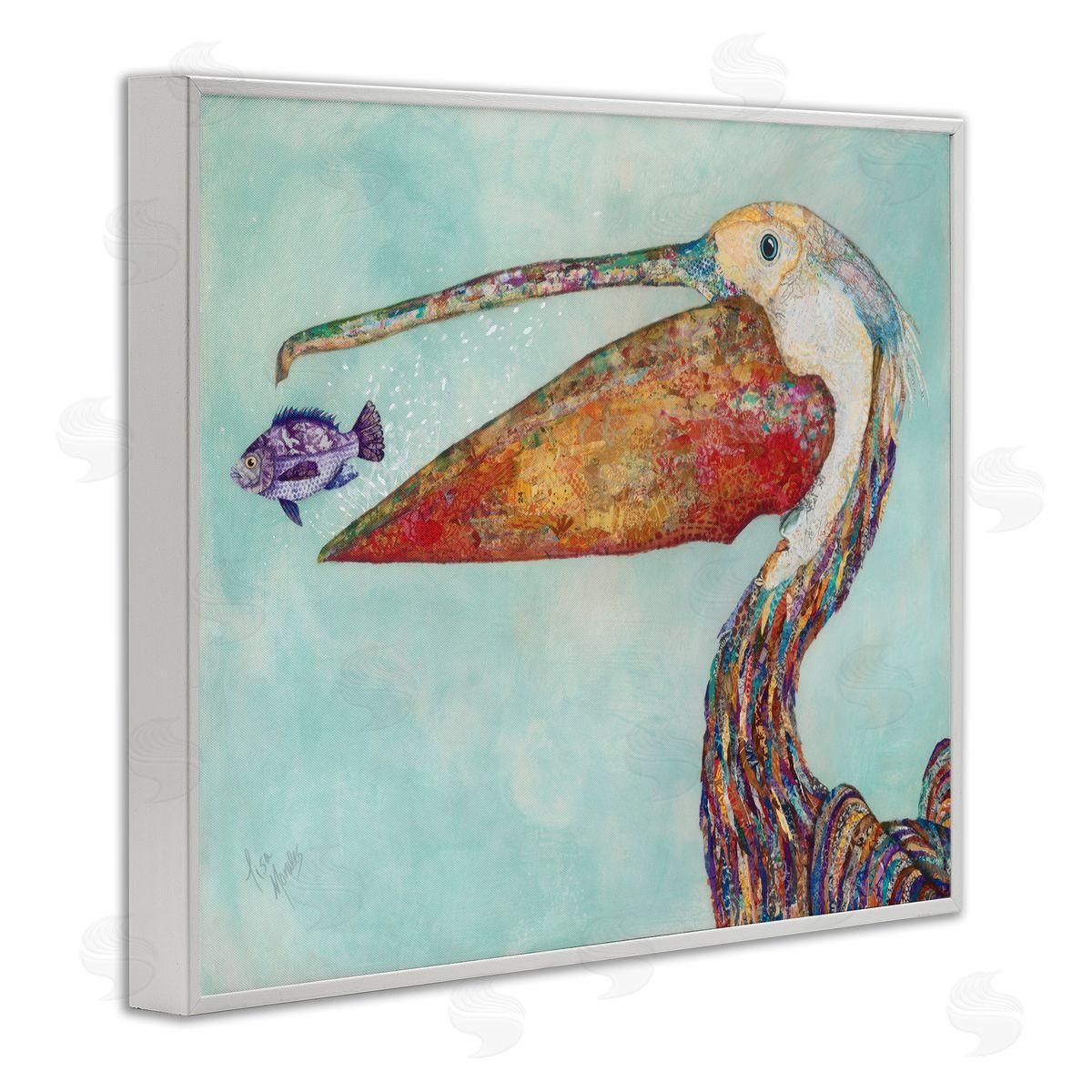 Pelican with Purple Fish White Frame Print Wall Art, Home Decor by Lisa Morales
