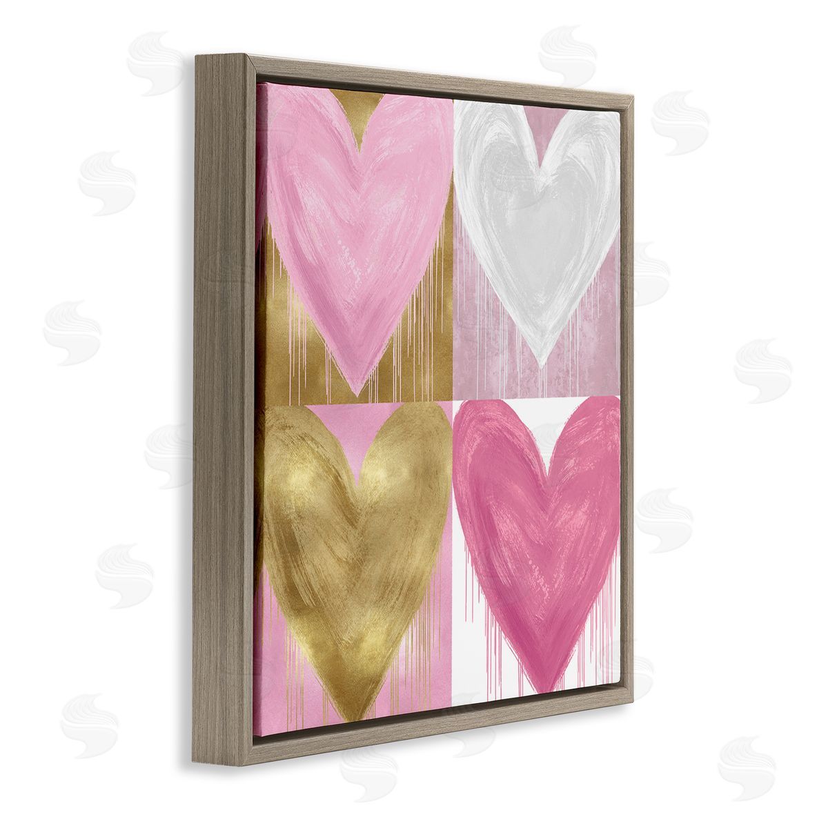 Pink & Gold Glam Hearts Brown Floating Frame Canvas Wall Art, Home Decor by Lindsay Rodgers