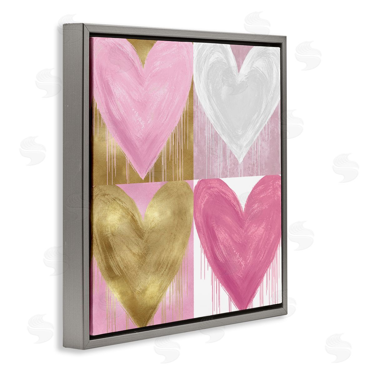 Pink & Gold Glam Hearts Grey Floating Frame Canvas Wall Art, Home Decor by Lindsay Rodgers