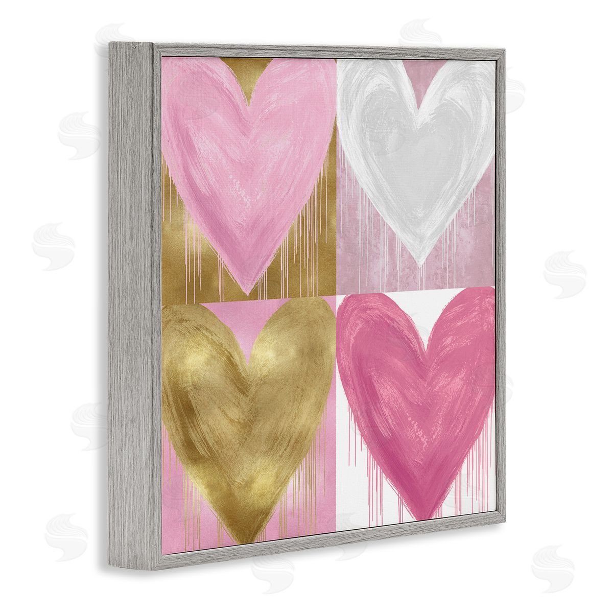 Pink & Gold Glam Hearts Grey Frame Print Wall Art, Home Decor by Lindsay Rodgers