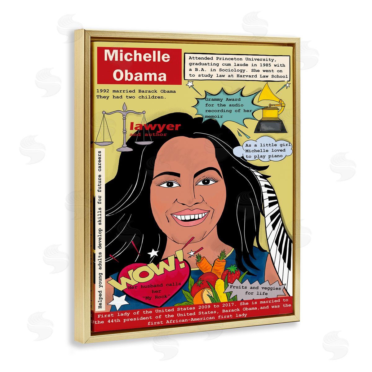 Michelle Obama Magazine Illustration Gold Floating Frame Canvas Wall Art, Home Decor by Sangita Bachelet