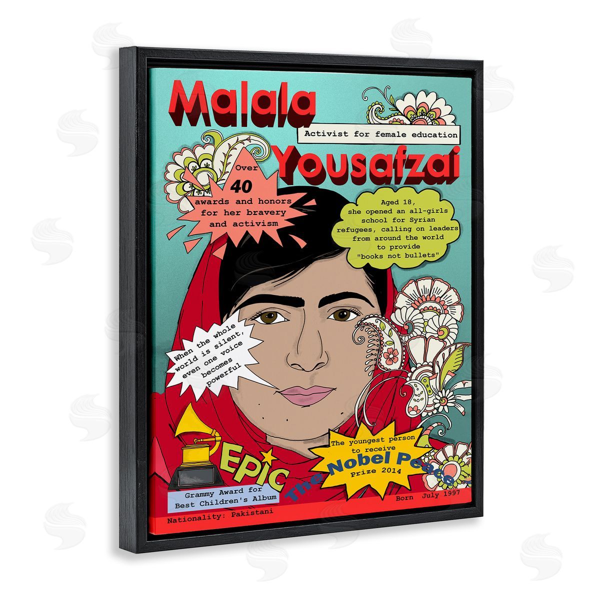 Malala Yousafzai Magazine Illustration Black Floating Frame Canvas Wall Art, Home Decor by Sangita Bachelet
