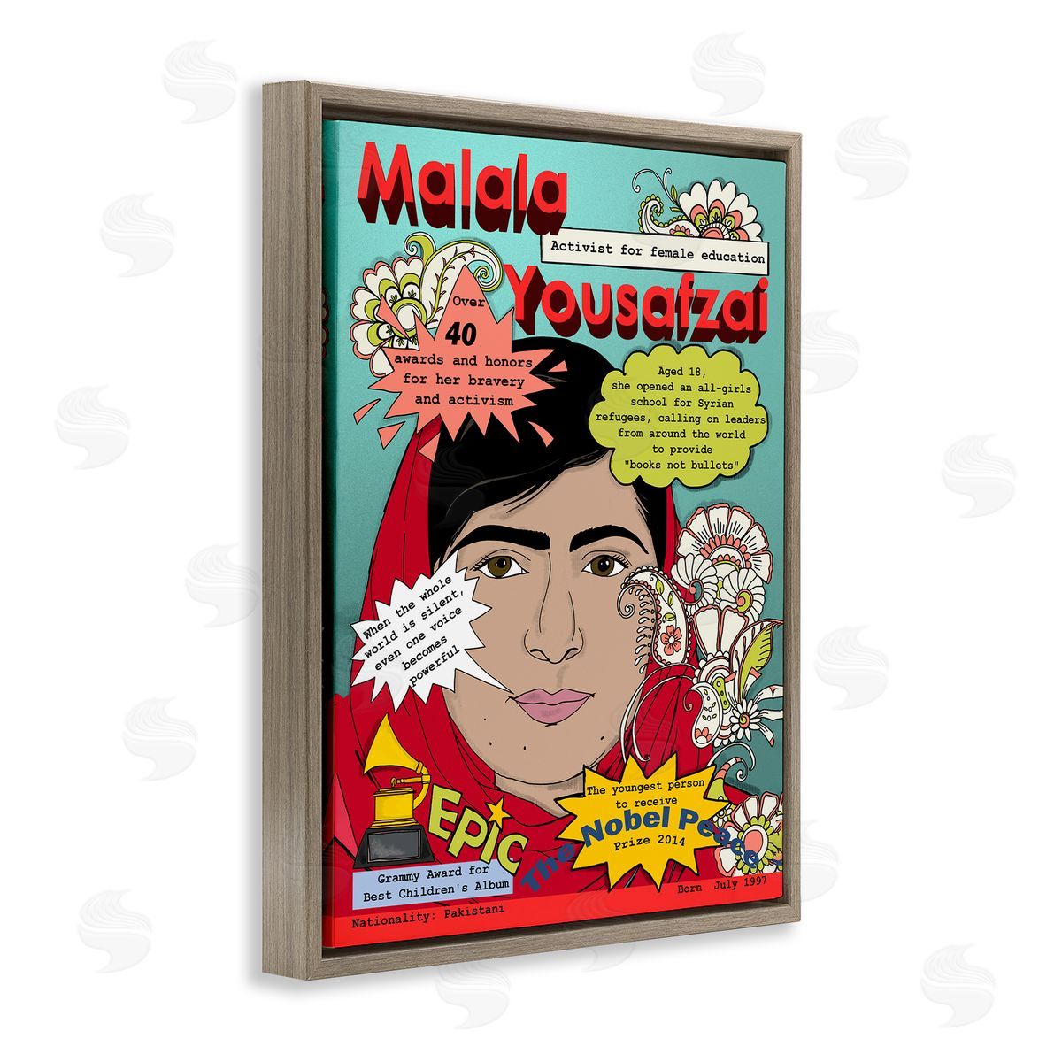 Malala Yousafzai Magazine Illustration Brown Floating Frame Canvas Wall Art, Home Decor by Sangita Bachelet