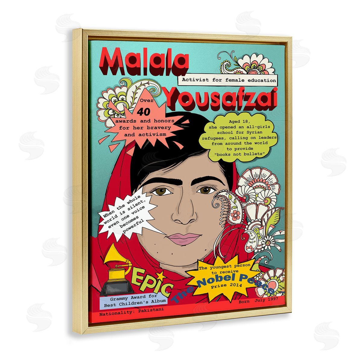 Malala Yousafzai Magazine Illustration Gold Floating Frame Canvas Wall Art, Home Decor by Sangita Bachelet