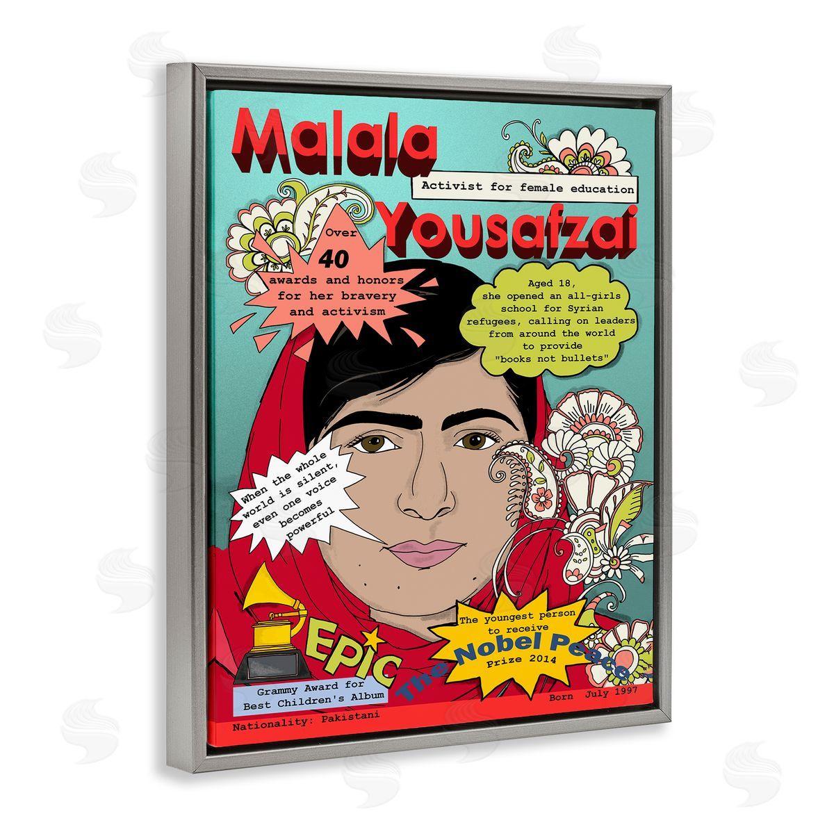 Malala Yousafzai Magazine Illustration Grey Floating Frame Canvas Wall Art, Home Decor by Sangita Bachelet