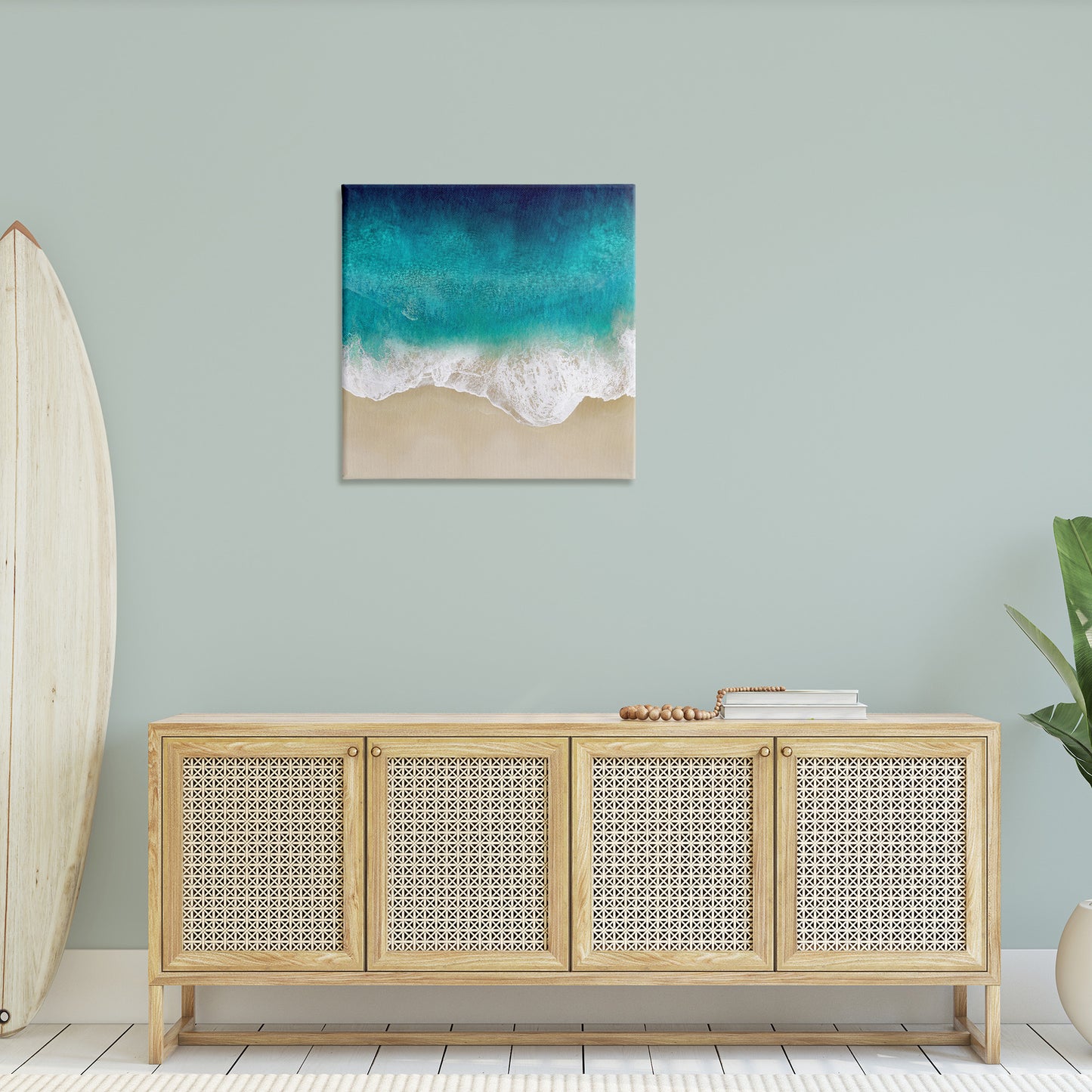 Aerial Tropical Blue Tide Canvas Wall Art in Room, Home Decor by Maggie Olsen