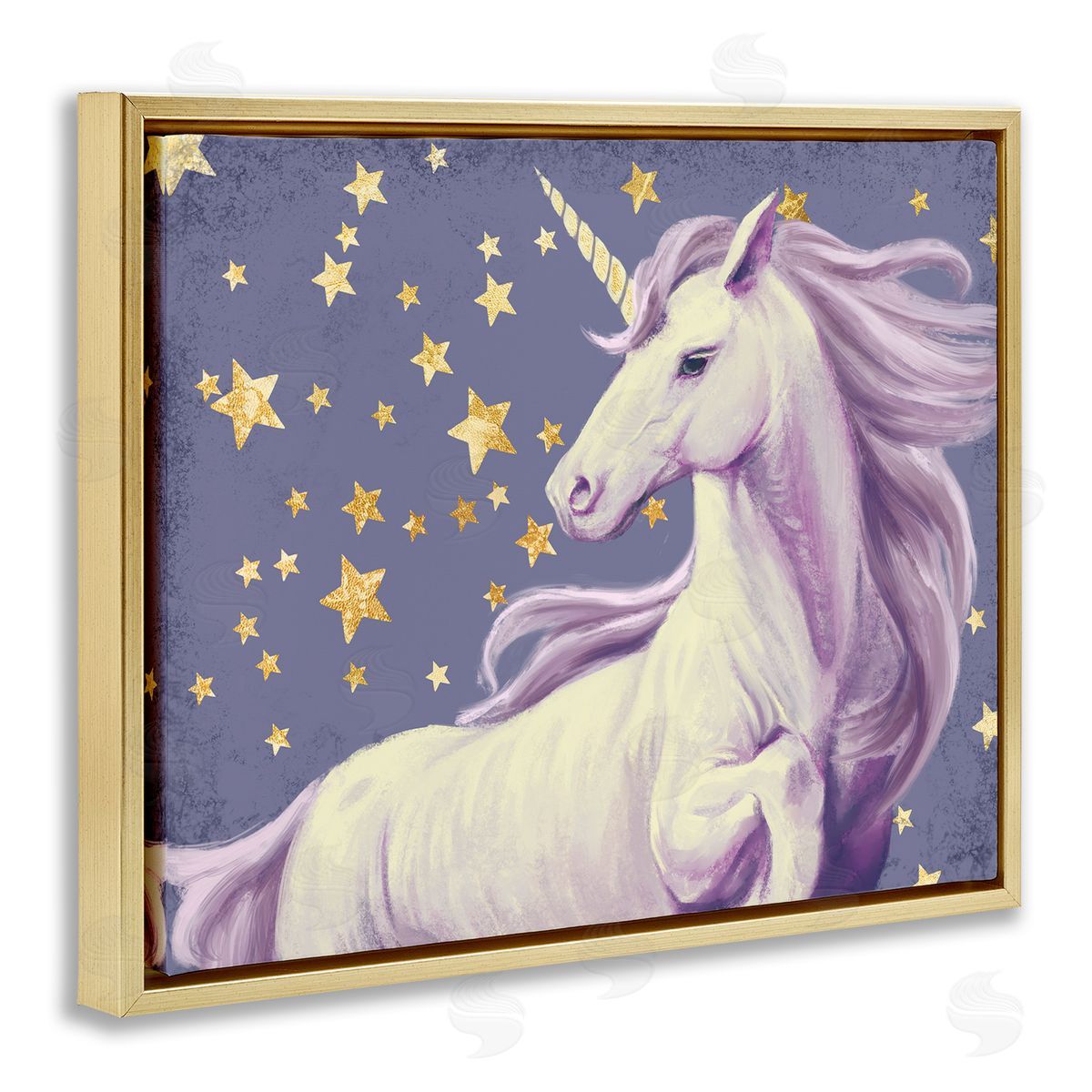 Purple Unicorn in Starry Sky Gold Floating Frame Canvas Wall Art, Home Decor by Ziwei Li