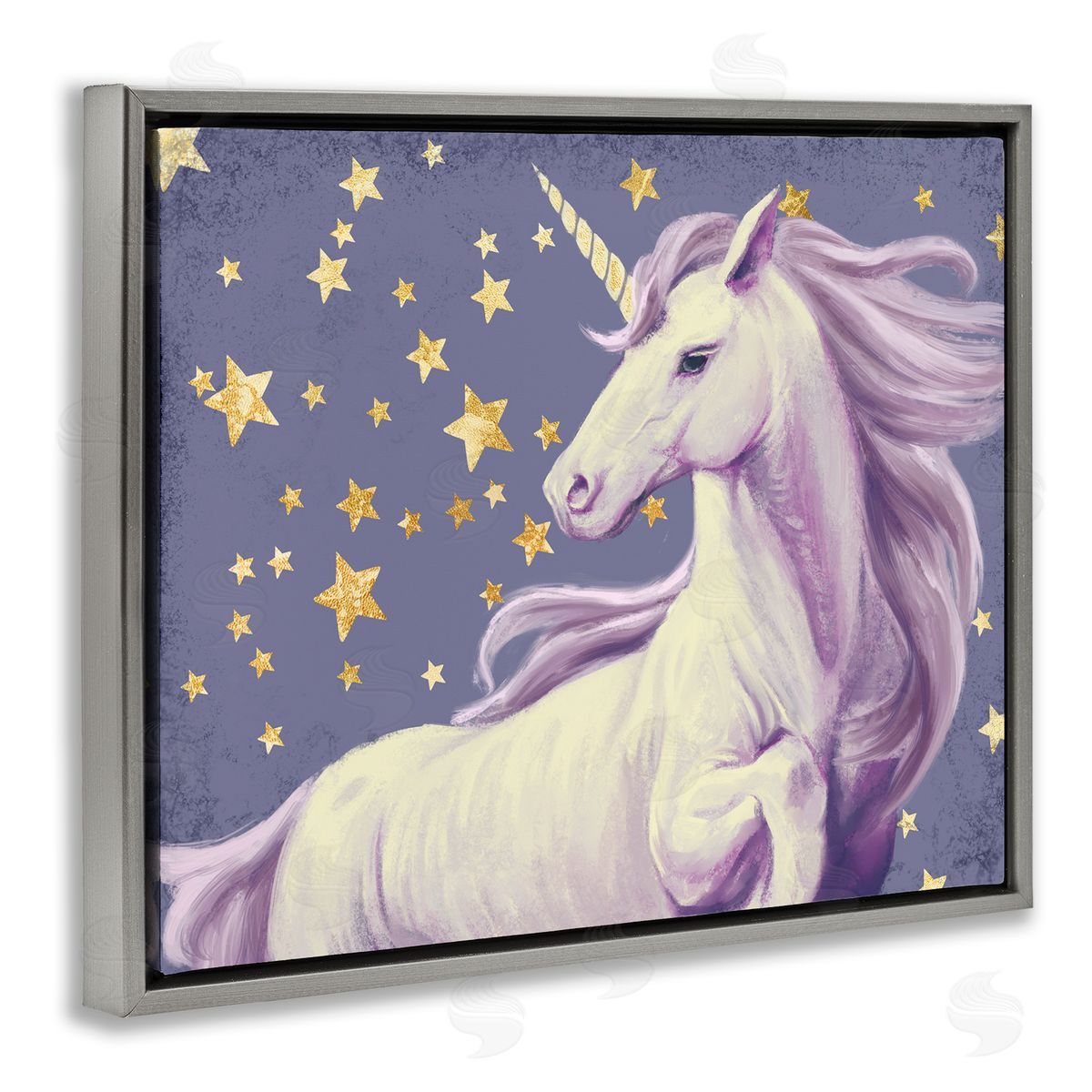 Purple Unicorn in Starry Sky Grey Floating Frame Canvas Wall Art, Home Decor by Ziwei Li