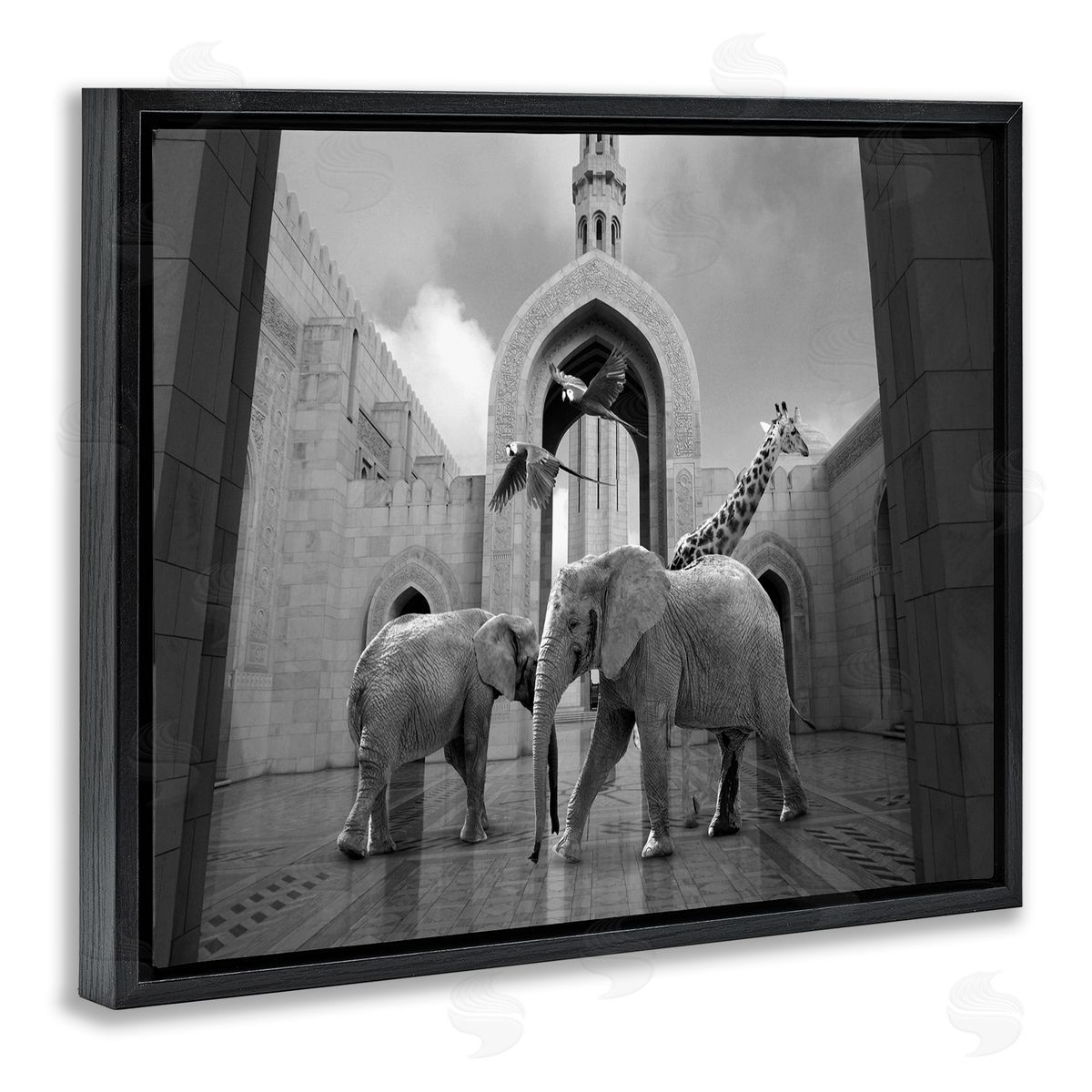Animals In Arabesque Architecture Black Floating Frame Canvas Wall Art, Home Decor by Ziwei Li