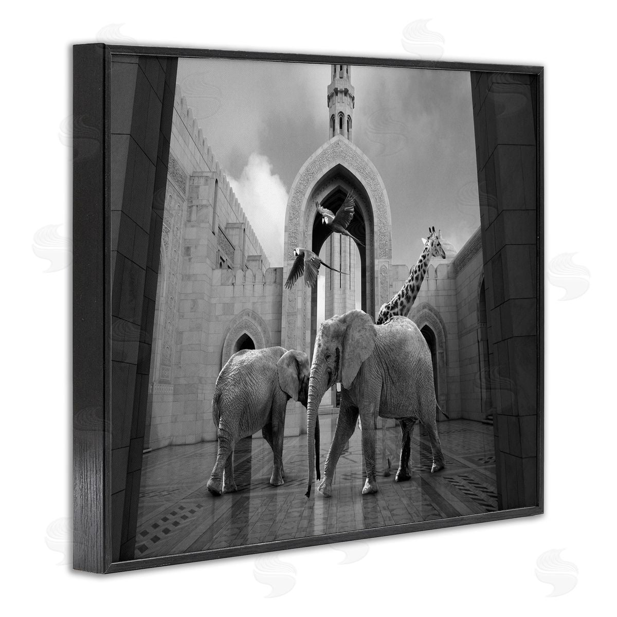 Animals In Arabesque Architecture Black Frame Print Wall Art, Home Decor by Ziwei Li