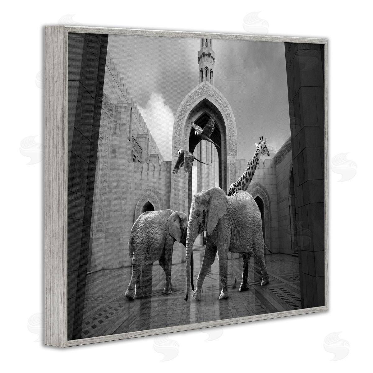 Animals In Arabesque Architecture Grey Frame Print Wall Art, Home Decor by Ziwei Li