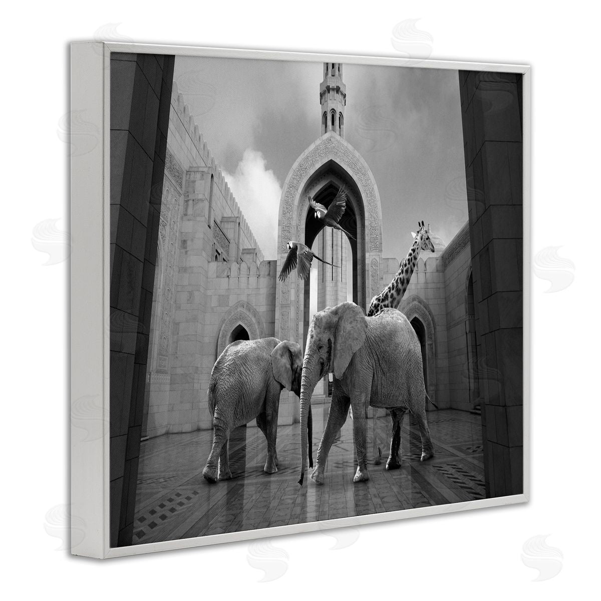 Animals In Arabesque Architecture White Frame Print Wall Art, Home Decor by Ziwei Li