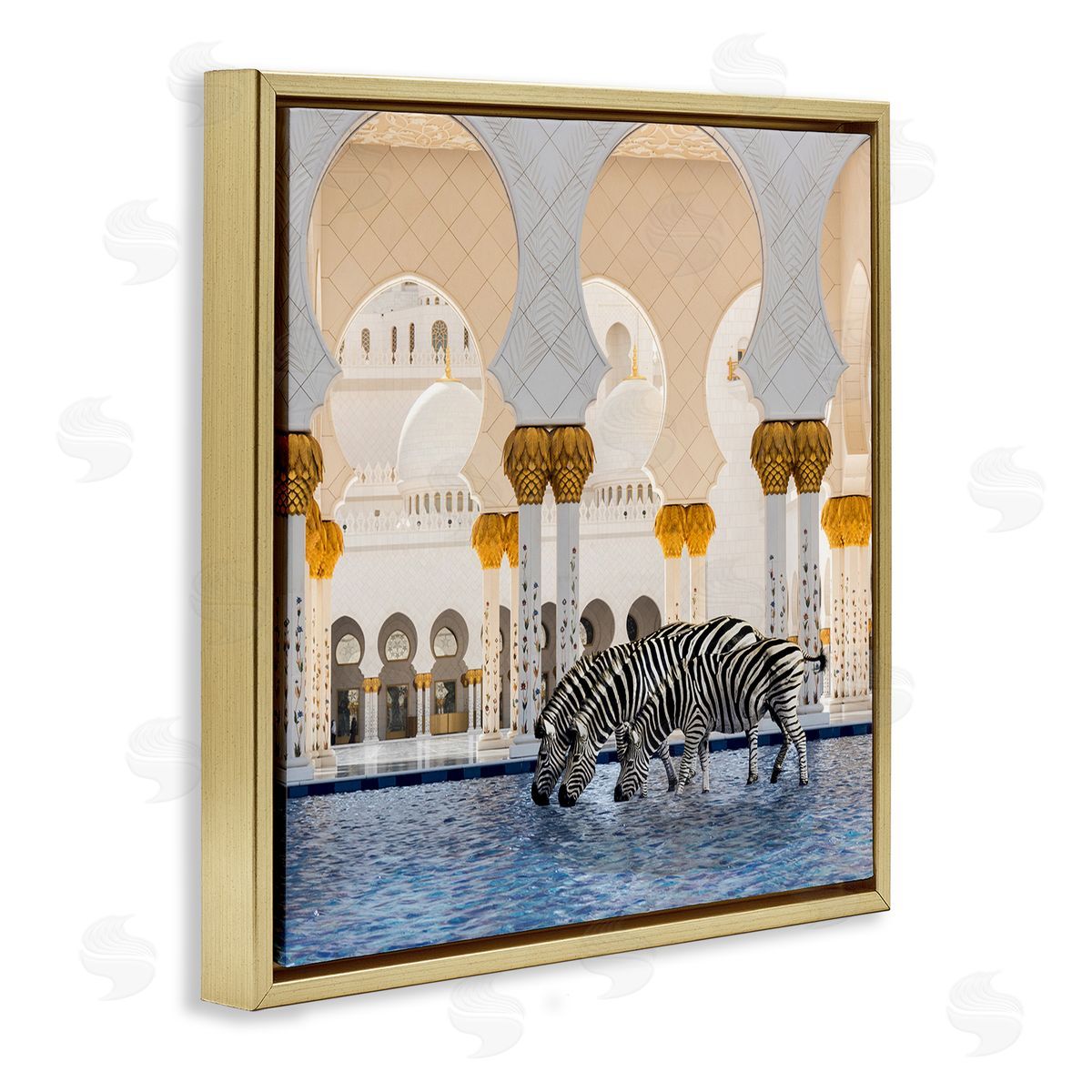 Zebras in Arabesque Arch Gold Floating Frame Canvas Wall Art, Home Decor by Ziwei Li