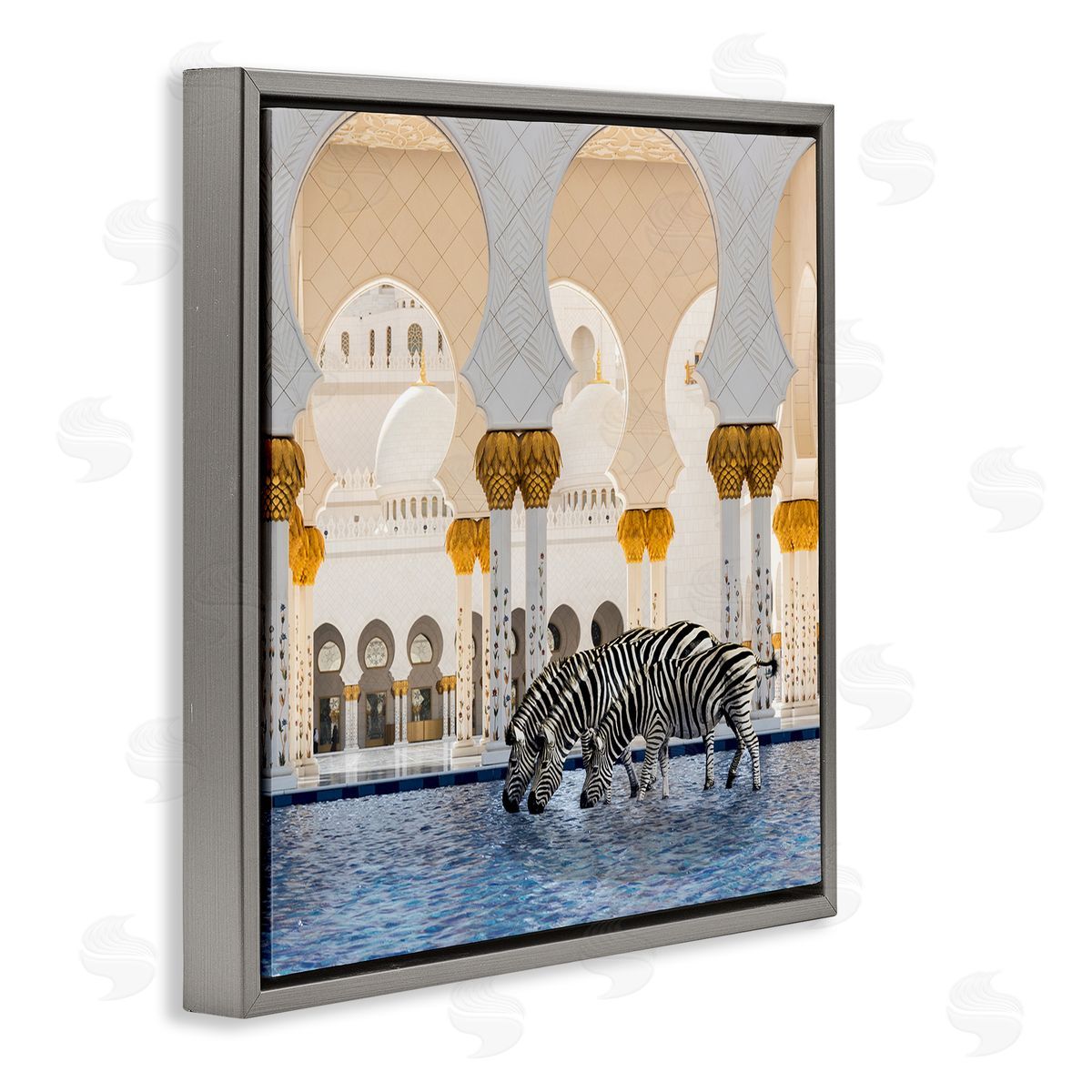 Zebras in Arabesque Arch Grey Floating Frame Canvas Wall Art, Home Decor by Ziwei Li