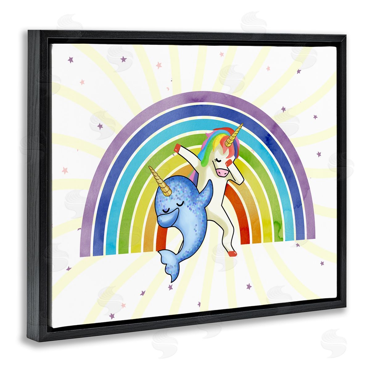 Unicorn and Narwhal Rainbow Black Floating Frame Canvas Wall Art, Home Decor by Ziwei Li