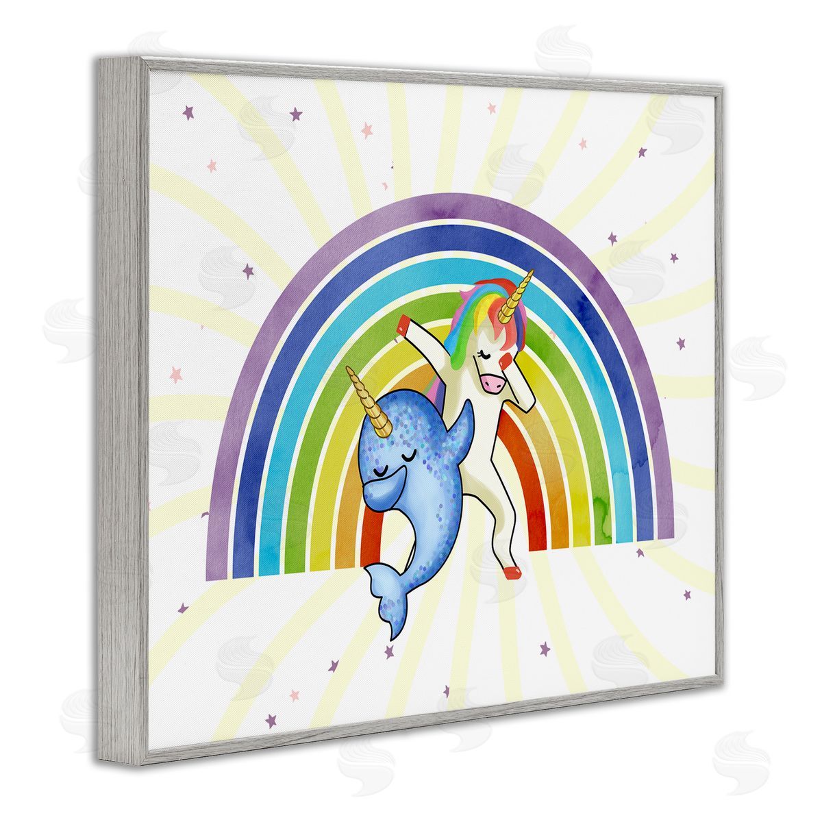 Unicorn and Narwhal Rainbow Grey Frame Print Wall Art, Home Decor by Ziwei Li